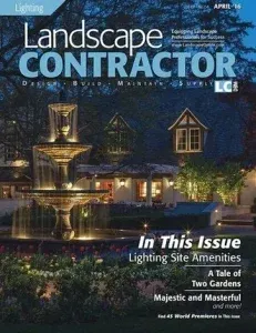Landscape Contractor magazine cover showing a lit house and garden at night
