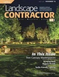 Landscape Contractor magazine cover with lit trees and garden at night, November 2016 issue