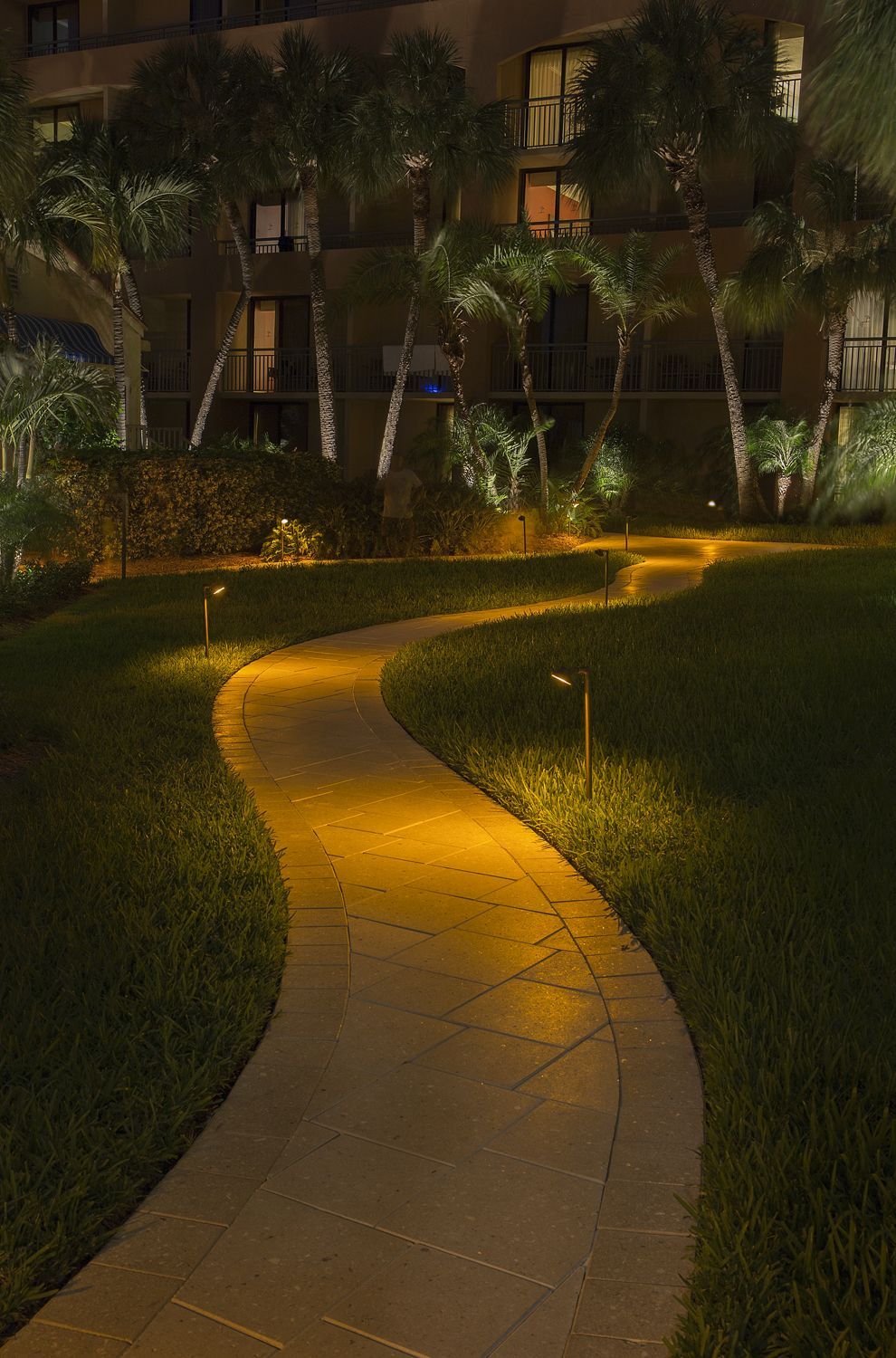 Curving lit pathway through a dark landscaped garden at night, with palm trees and apartment building lights