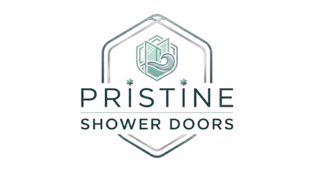 PRISTINE Shower Doors logo with a geometric hexagon icon in teal and gray