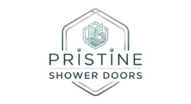 PRISTINE Shower Doors logo with a geometric hexagon icon in teal and gray