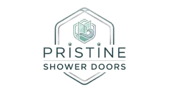 PRISTINE Shower Doors logo with a geometric hexagon icon in teal and gray