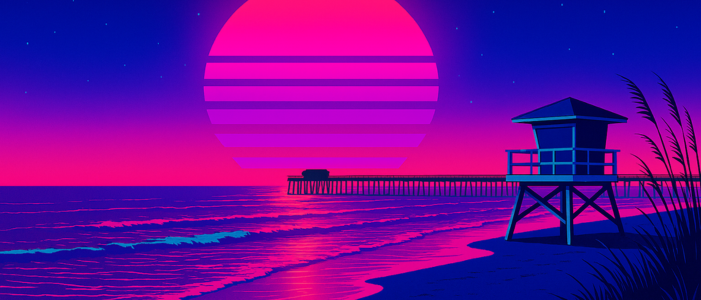 Retro myrtle  beach scene with a lifeguard tower, pier, and ocean, saturated colors.