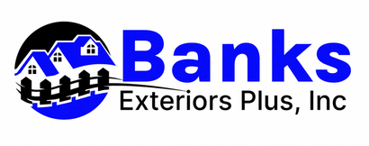 The logo for Banks Exteriors Plus, Inc shows a man and a woman working on a deck.