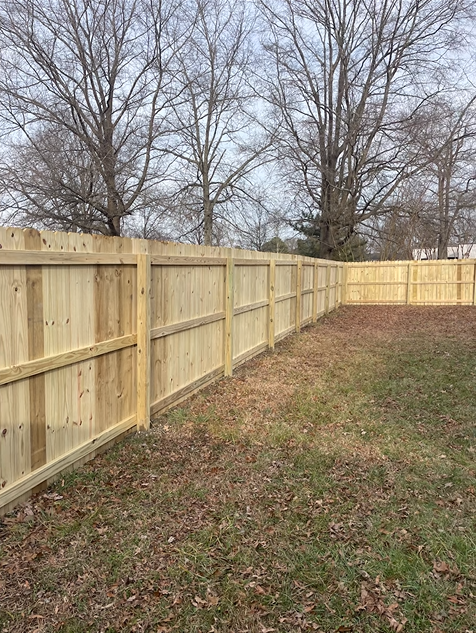 Wooden fence encloses a grassy backyard, trees in the background on an overcast day.