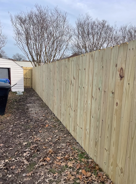 Wooden fence alongside a dirt yard, trees in the background, overcast sky.