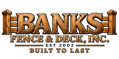 The logo for Banks Exteriors Plus, Inc shows a man and a woman working on a deck.