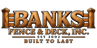 The logo for Banks Exteriors Plus, Inc shows a man and a woman working on a deck.