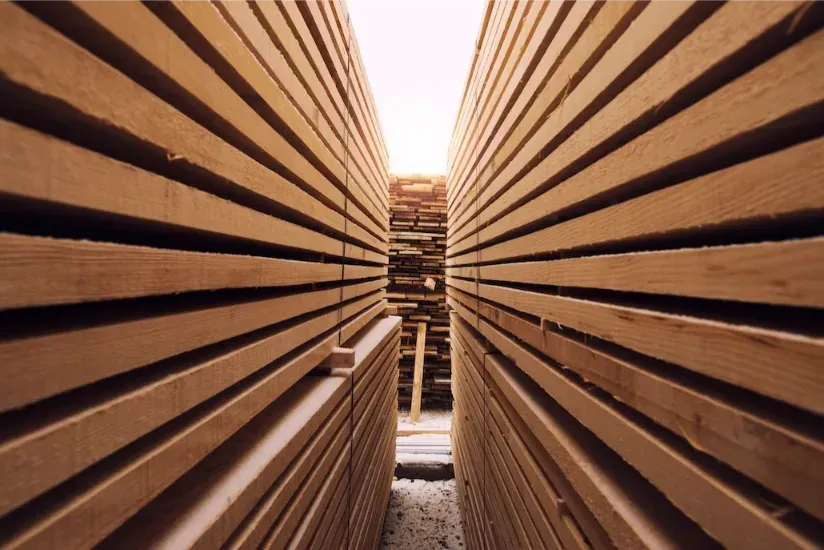 Piles de planches de bois dans une scierie en plein air.