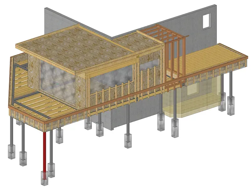 Vue isométrique d'un bâtiment en construction, montrant une charpente en bois et des terrasses surélevées sur des piliers en béton.