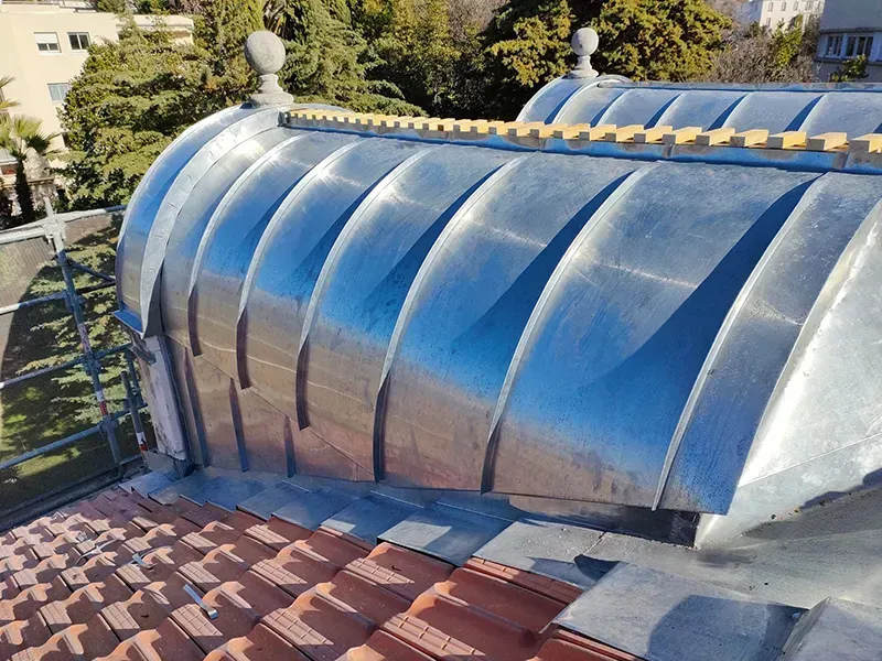 Toiture métallique à structure nervurée et incurvée ; toiture en tuiles de terre cuite en dessous. Cadre extérieur ensoleillé.
