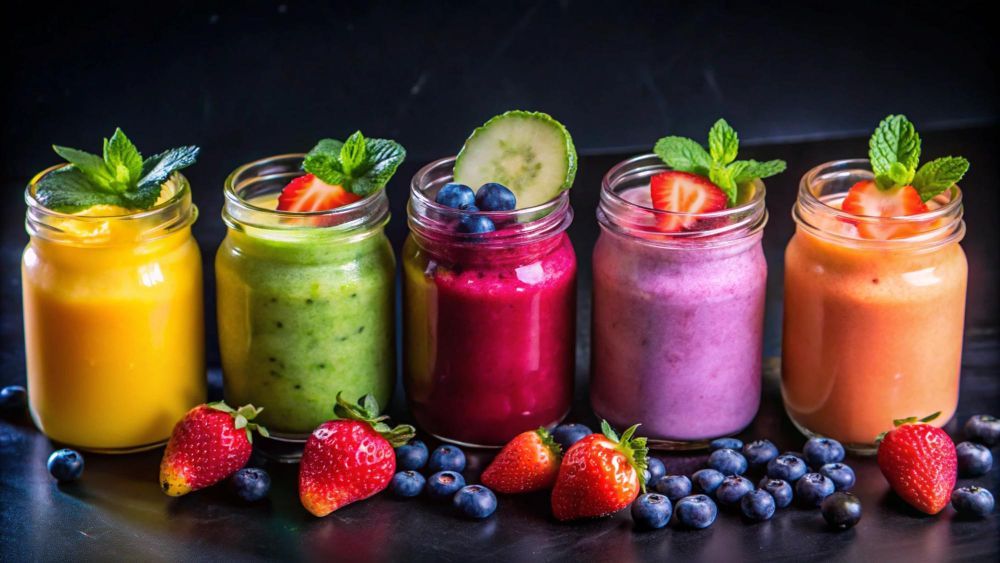 vitaminas de frutas coloridas com morangos e mirtilos