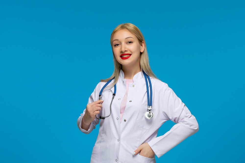 medica com jaleco e estetoscopio sorrindo com fundo branco