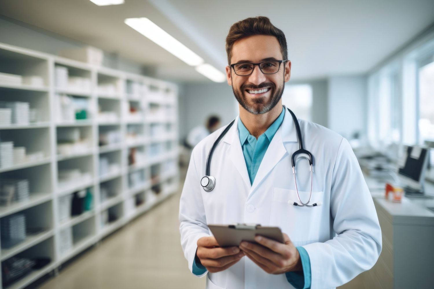 Medico com estetoscópio e jaleco sorrindo com prancheta