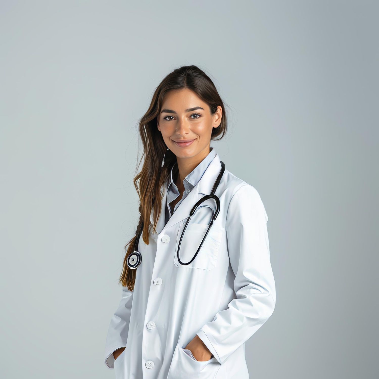 medica jovem com estetoscopio no pescoço sorrindo com fndo neutro