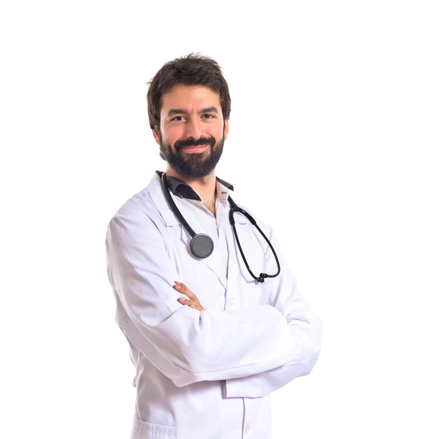Medico com estetoscópio e jaleco sorrindo com os braços cruzados