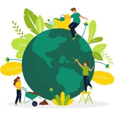 ilustração de planeta sustentavel com plantas e pessoas cuidando da terra 