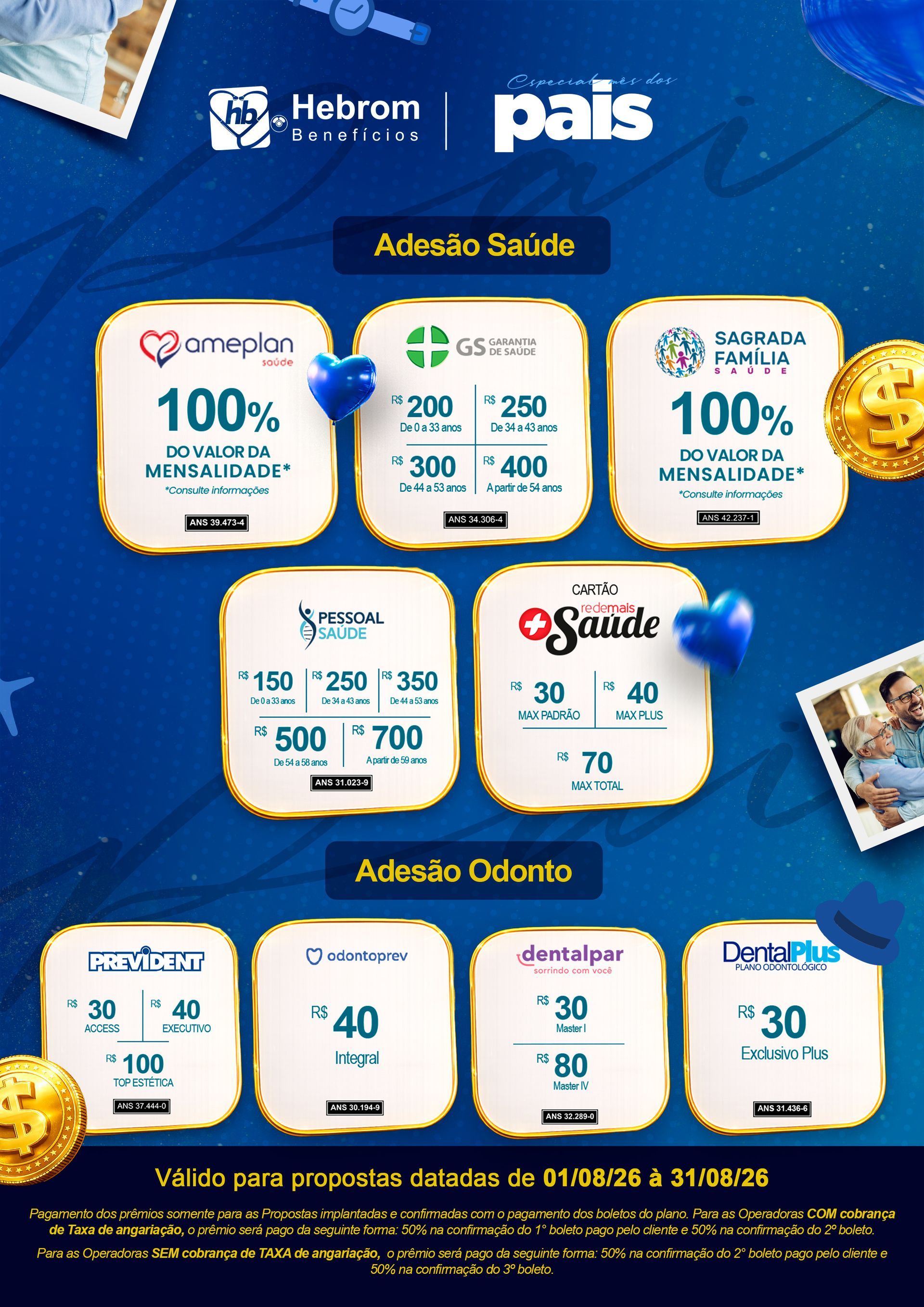 Imagem promocional com fundo azul mostrando planos com adesão empresarial, apresentando preços fixos mensais para empresas.