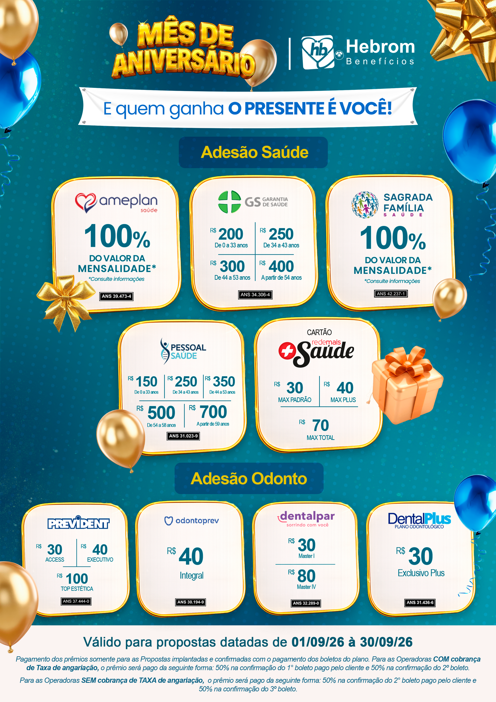 Imagem promocional com fundo azul mostrando planos com adesão empresarial, apresentando preços fixos mensais para empresas.