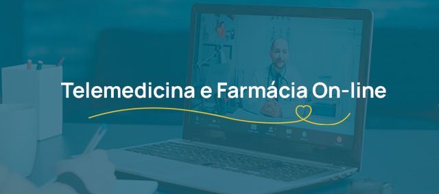 Tela de notebook exibindo atendimento médico por videochamada, com a legenda “Telemedicina e Farmácia On-line”.