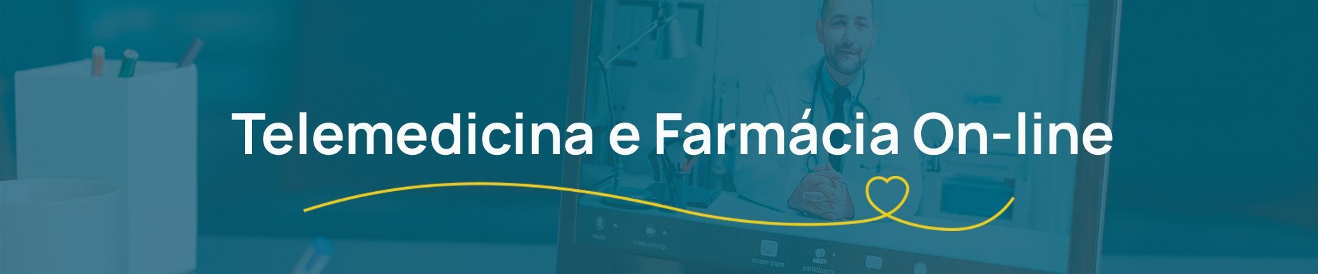 Tela de notebook exibindo atendimento médico por videochamada, com a legenda “Telemedicina e Farmácia On-line”.