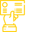 Ícone amarelo de uma mão segurando cartão de visitas, simbolizando identificação e contato no portal do cliente.