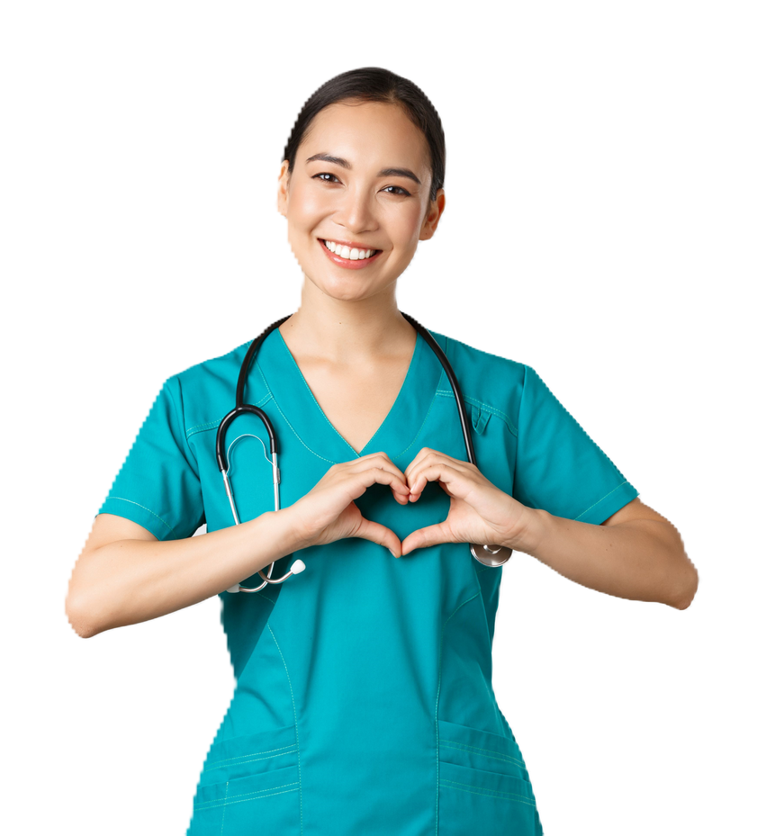 Medico com estetoscópio e jaleco sorrindo fazendo coração com as mãos