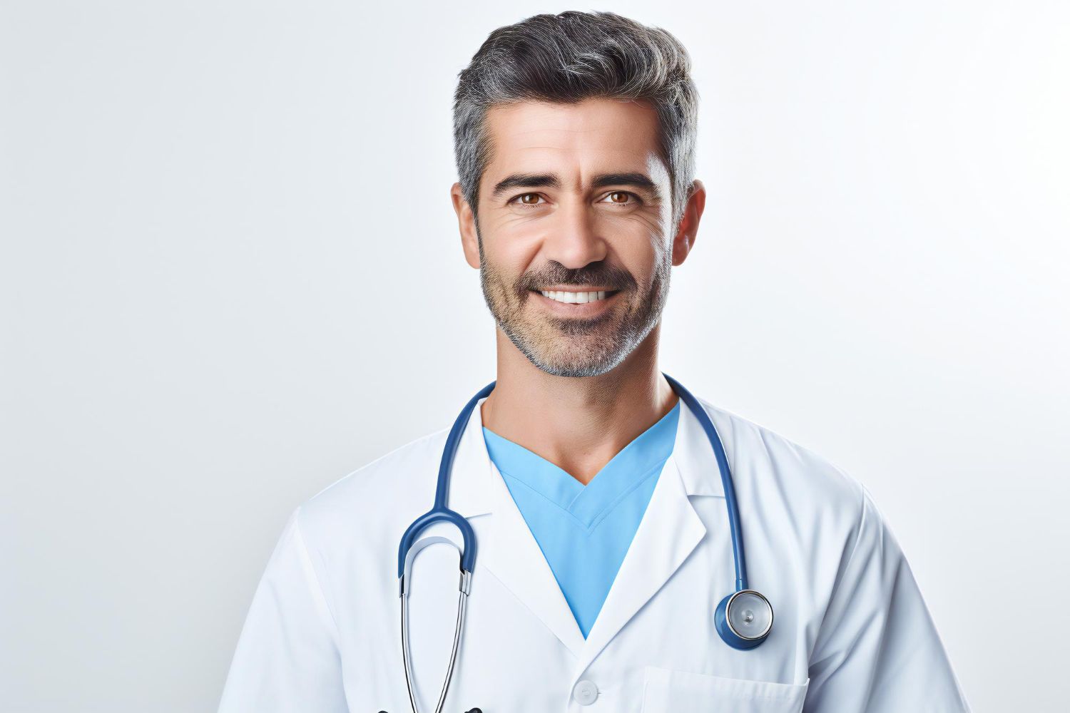 médico com estetoscopio e jaleco sorrindo 