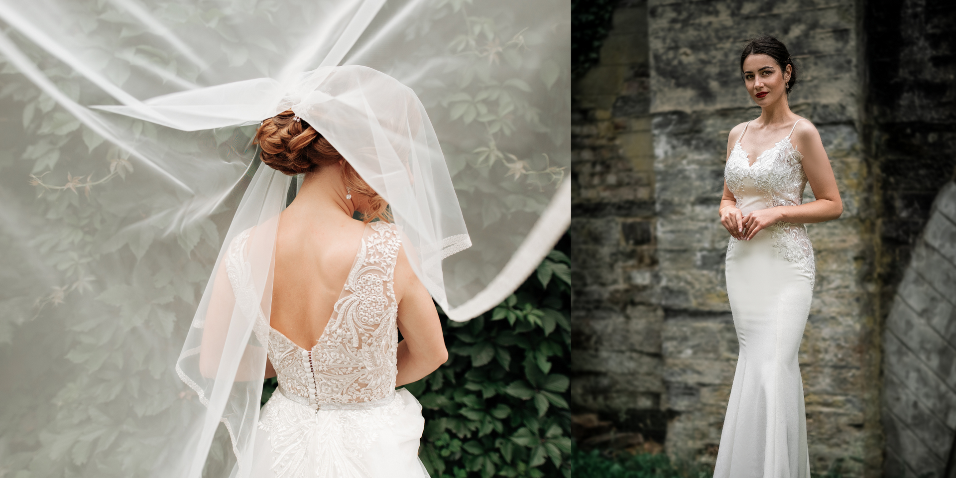 Bride in a lace gown with a veil, standing outdoors against a stone wall.