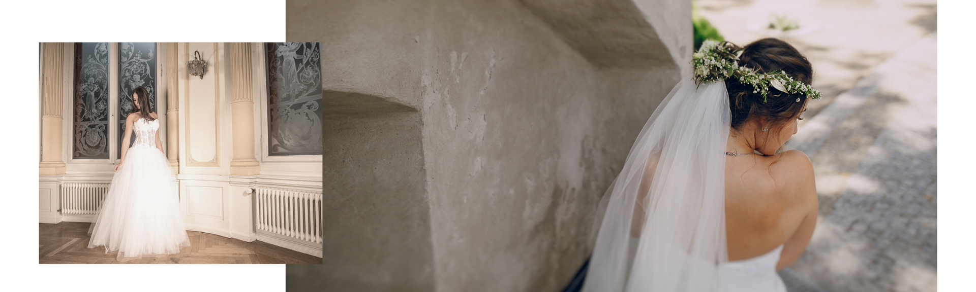 Bride in a white gown and veil by ornate doors; another view shows her from behind with a floral crown.