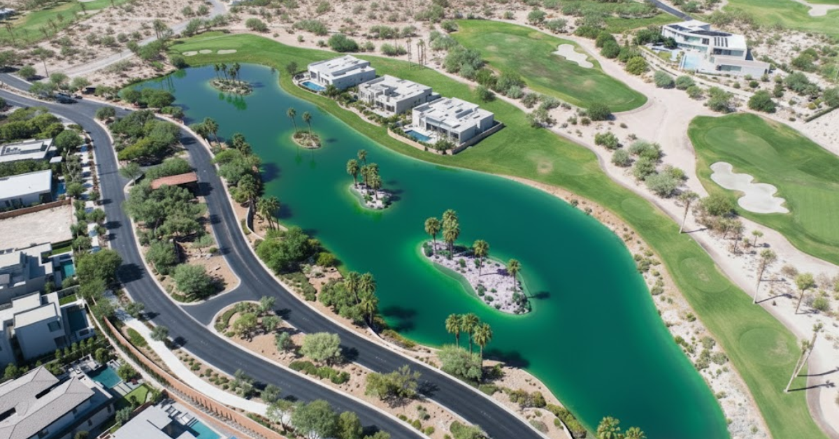 Aerial view of a teal-colored lake with small islands, surrounded by golf course, roads, and buildings.