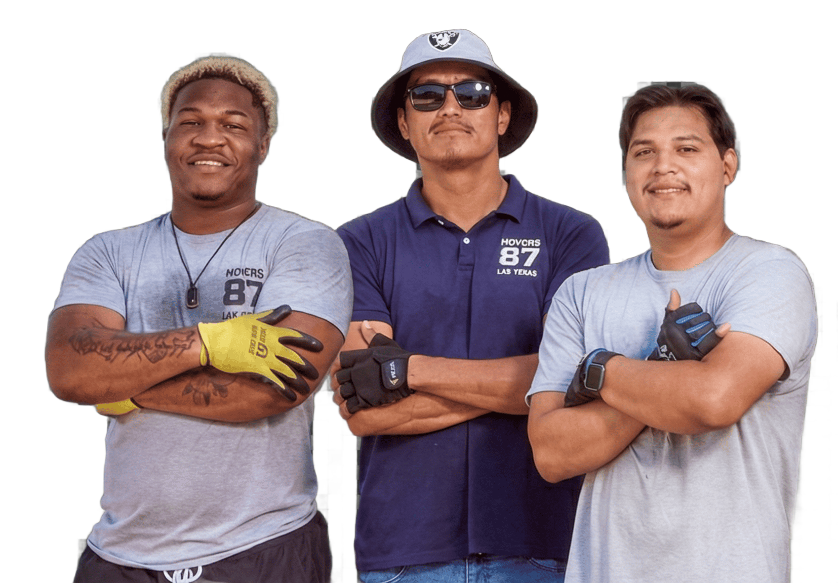 Three individuals with folded arms wear work gloves and shirts featuring the number 87 against a white background.