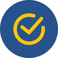 A yellow checkmark inside a yellow circle on a dark blue circular background.
