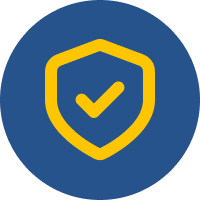 Yellow shield icon with a checkmark centered on a dark blue circular background.