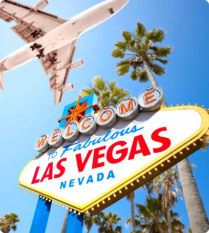 Welcome to Fabulous Las Vegas sign with an airplane overhead and palm trees.