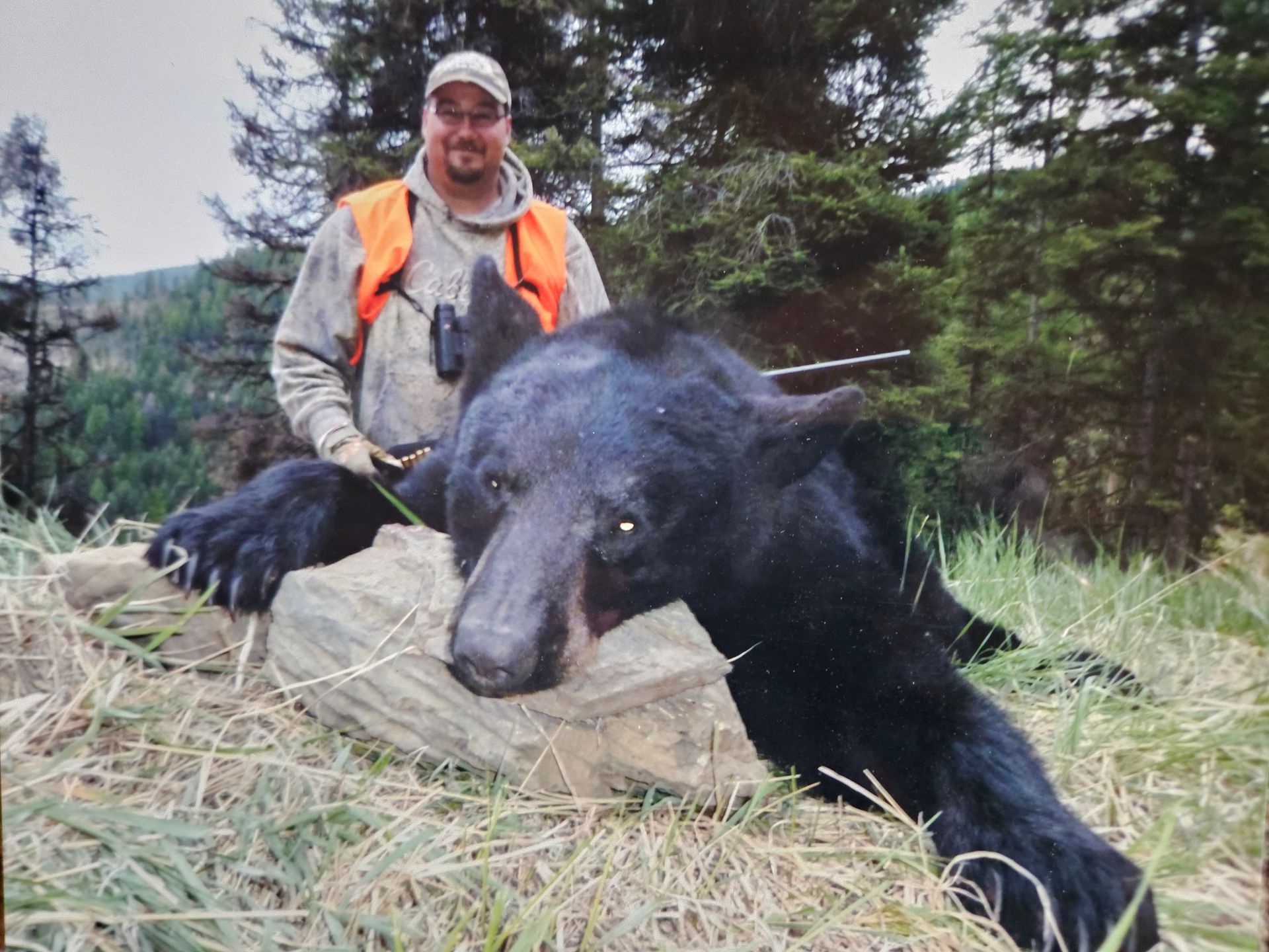 A man is standing next to a large black bear