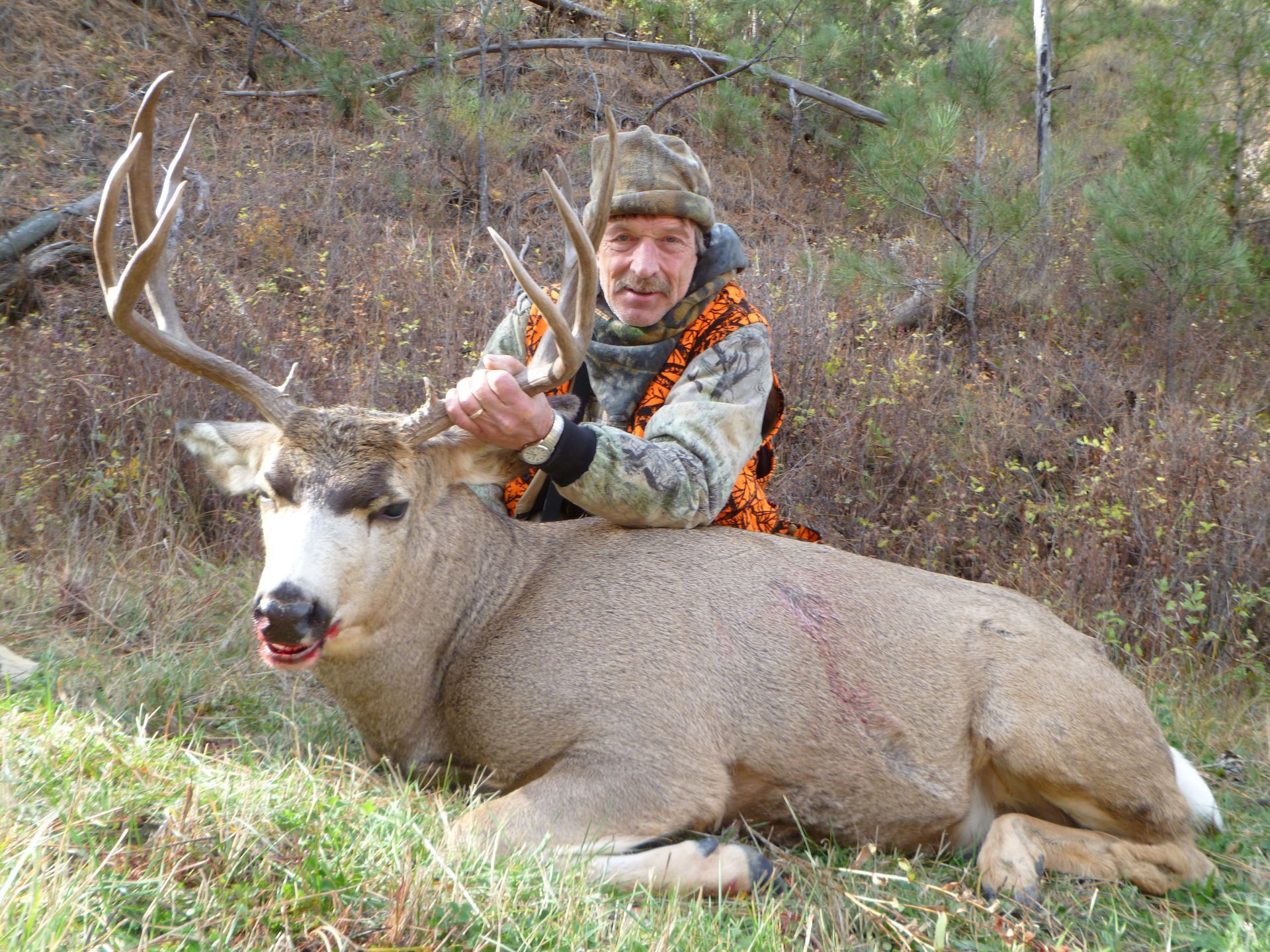 A man holding up the head of a dead deer