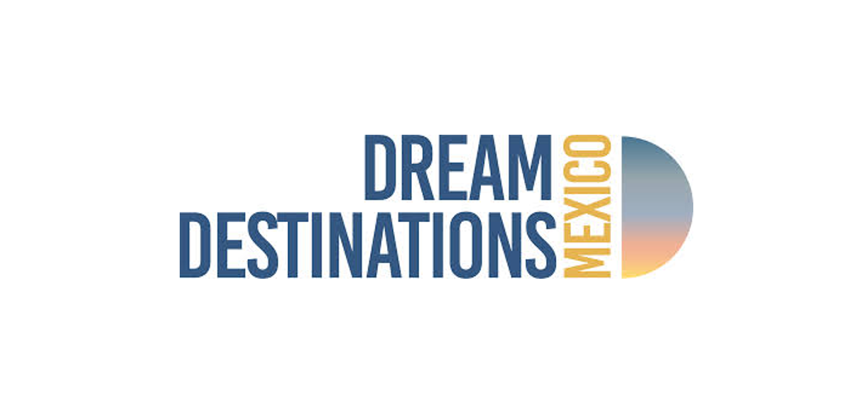 Logo for Dream Destinations Mexico, with blue text and a stylized sunset.