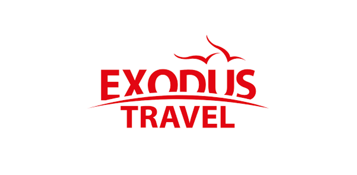 Exodus Travel logo: Red text and arched line, bird silhouettes.
