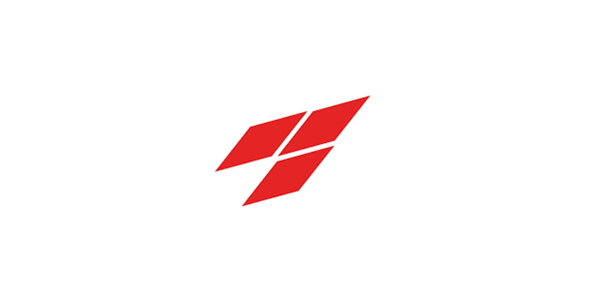 Red geometric logo on a white background, featuring four interconnected diamond shapes.