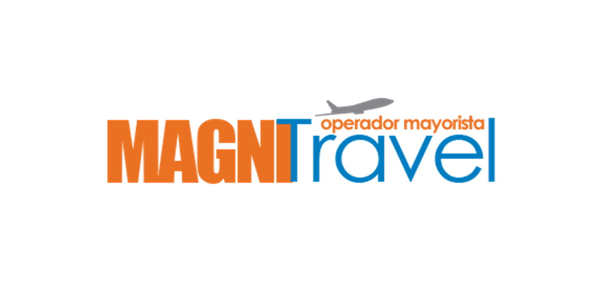 Logo of Magnitravel, an orange and blue brand name with an airplane above it. The text