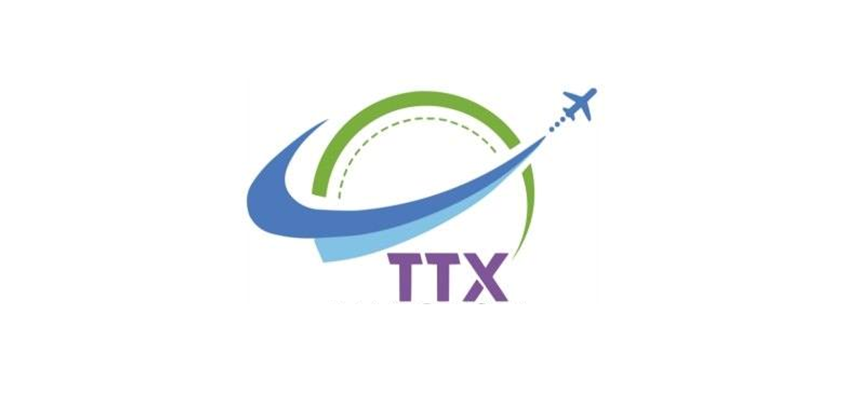 Logo of TTX with a stylized airplane, arcs, and text.
