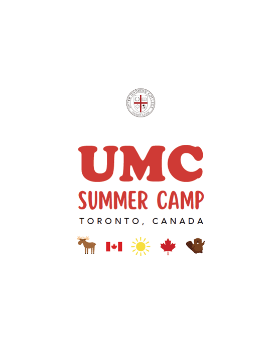 UMC Summer Camp Toronto, Canada logo with moose, Canadian flag, sun, maple leaf, and beaver icons.