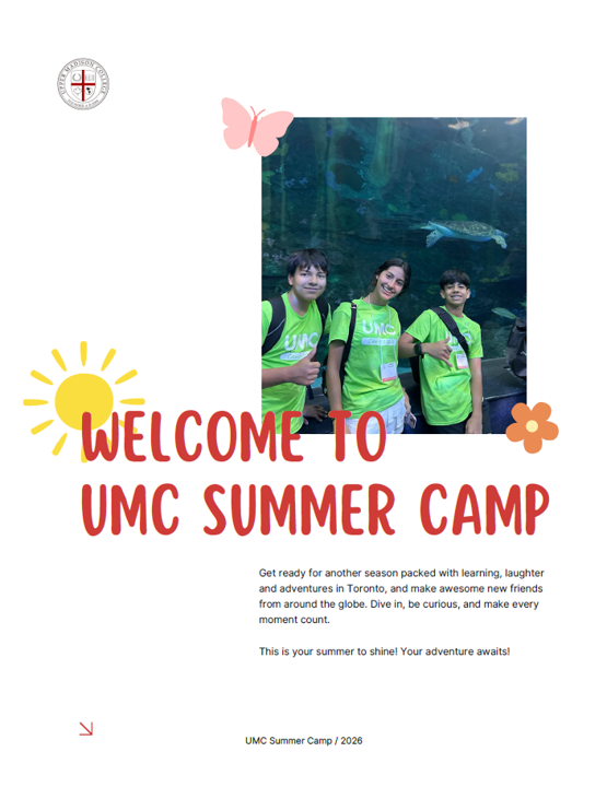 Three smiling campers in green shirts, at an aquarium, promoting UMC summer camp with colorful graphics.