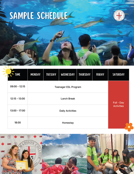 Sample schedule with activities: teenager program, lunch, daily activities, and homestay. Includes photos.