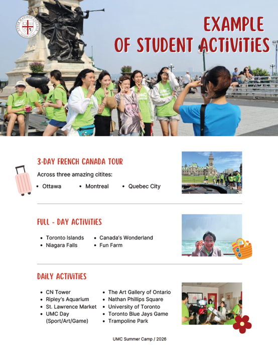 Example of student activities in Canada, highlighting a French tour, day trips, and daily events.