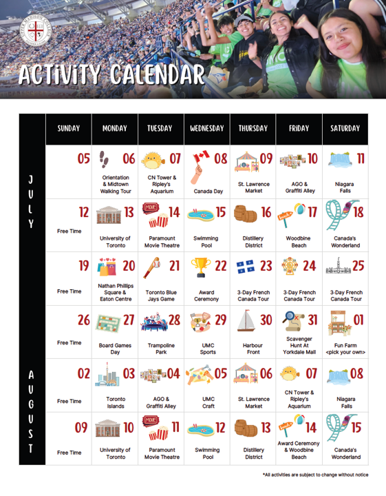 Activity calendar with various summer events, featuring a photo of people in green shirts.