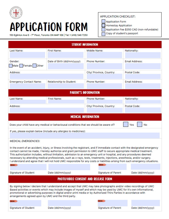 Application form with sections for student, parent, and medical information.