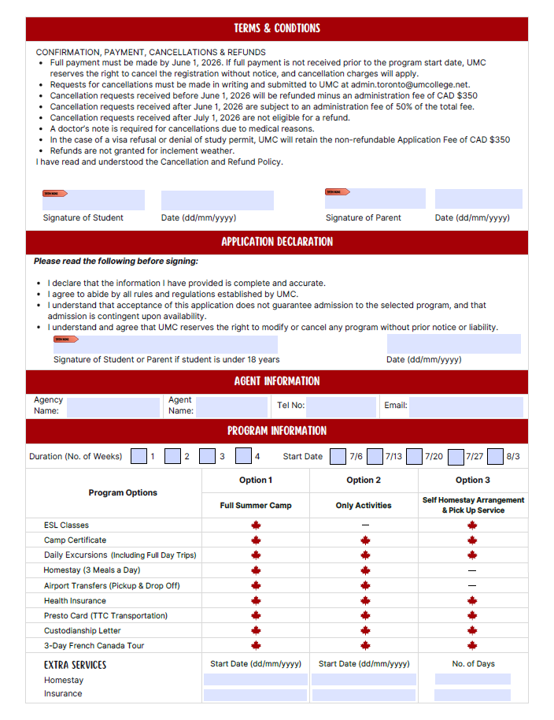 Form for summer camp enrollment with terms, application details, and program options.