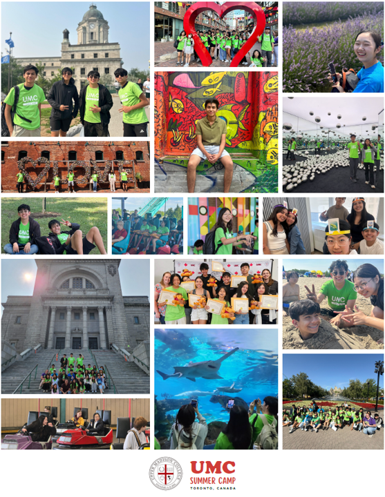 Collage of UMC Summer Camp. People in green shirts at various outdoor locations, posing, smiling, and exploring.